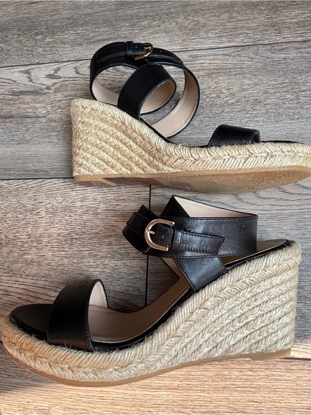 Stuart Weitzman Lexia Espadrille Leather Ankle Strap Black Wedge Sandal Sz 8